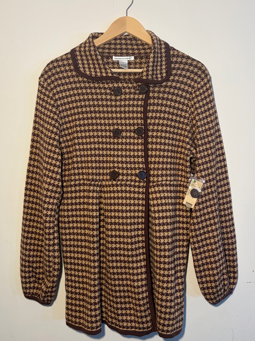 NWT Brown Houndstooth Jacket Womens Size Med Peter Pan Collar Ref Point VTG 90s